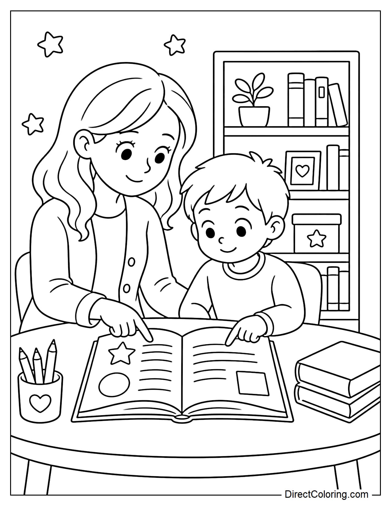 A female teacher is sitting beside a student and pointing together at an open book on the table, helping the student learn to read. There is a bookshelf in the background.