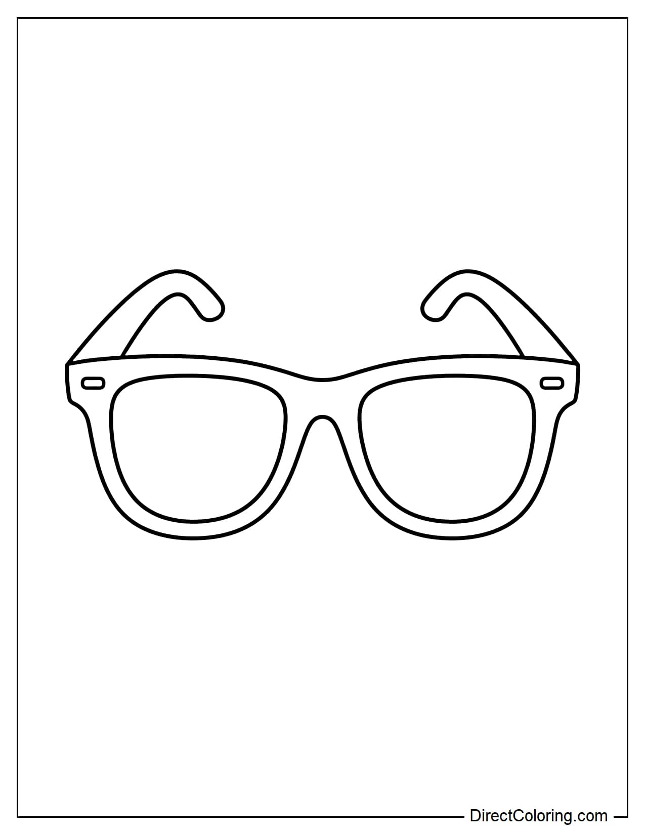 A large pair of sunglasses is placed in the center of the page, with a simple design and a basic square frame.