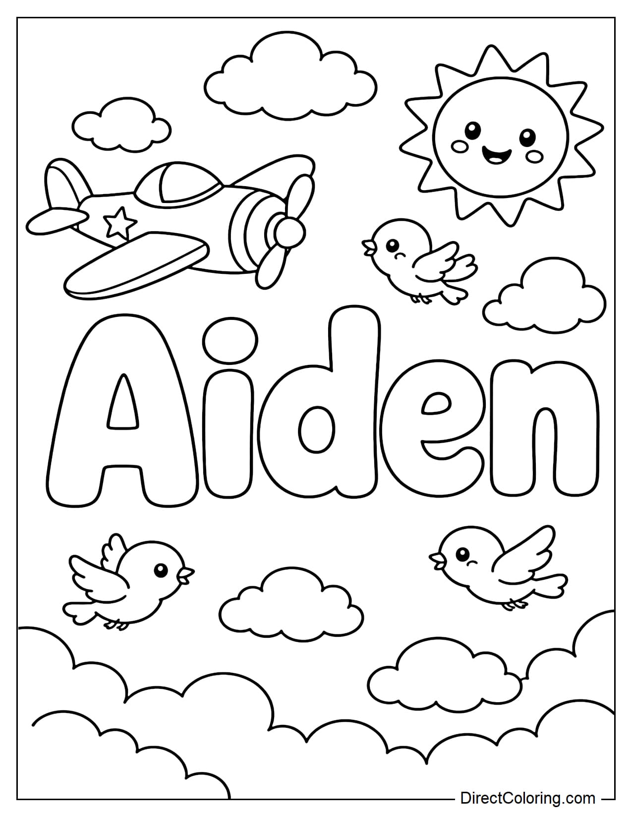 Aiden's name coloring page features large, prominent letters, decorated with propeller planes, fluffy clouds, small birds, and a smiling sun.