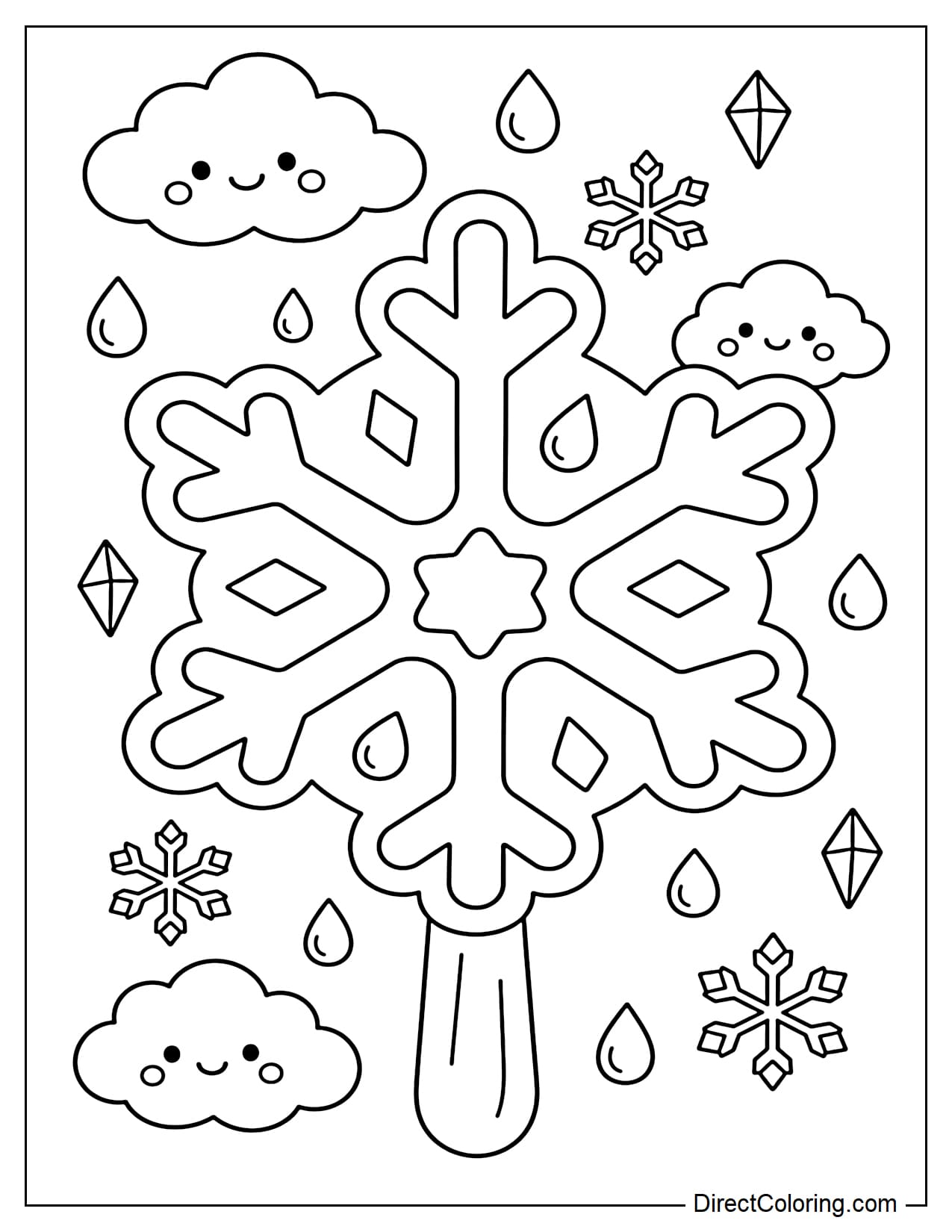 A large snowflake-shaped popsicle with simple, rounded branches, decorated with water droplets, ice crystals, and a few clouds.
