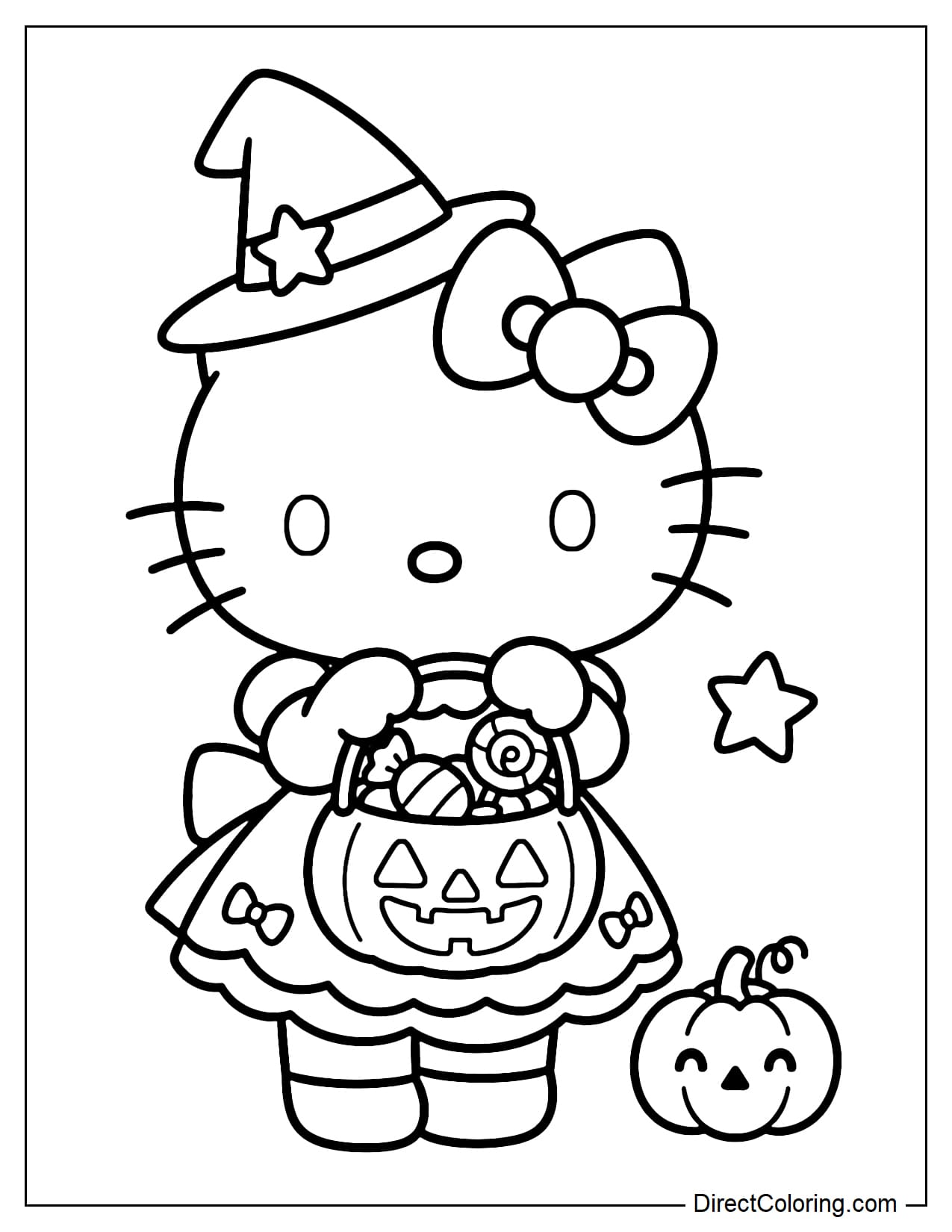 Hello Kitty wearing a Halloween dress and holding a jack-o'-lantern basket filled with large candies, with her familiar bow and a small witch hat on her head.