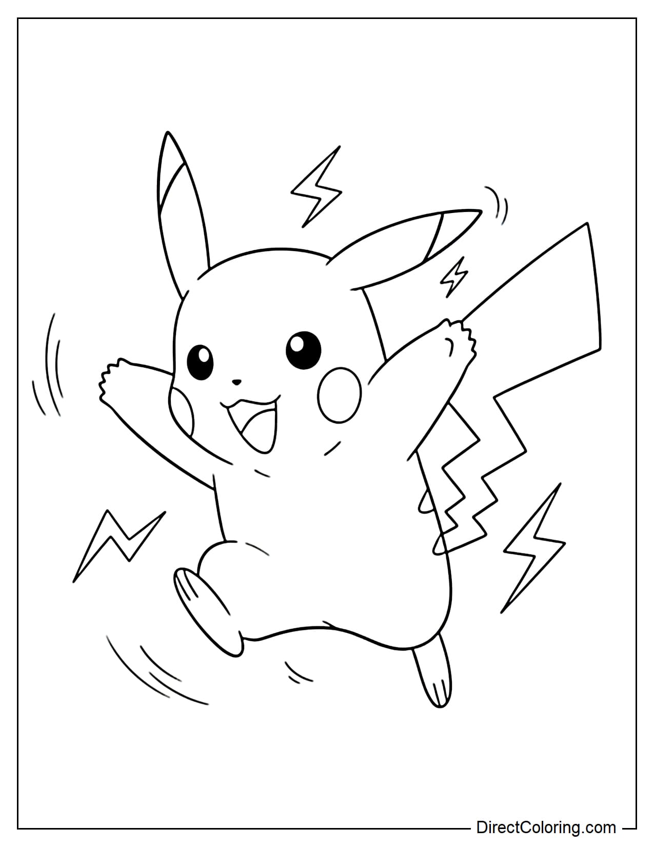 Pikachu is running fast forward, one leg lifted, behind it sparks and a speed curve.