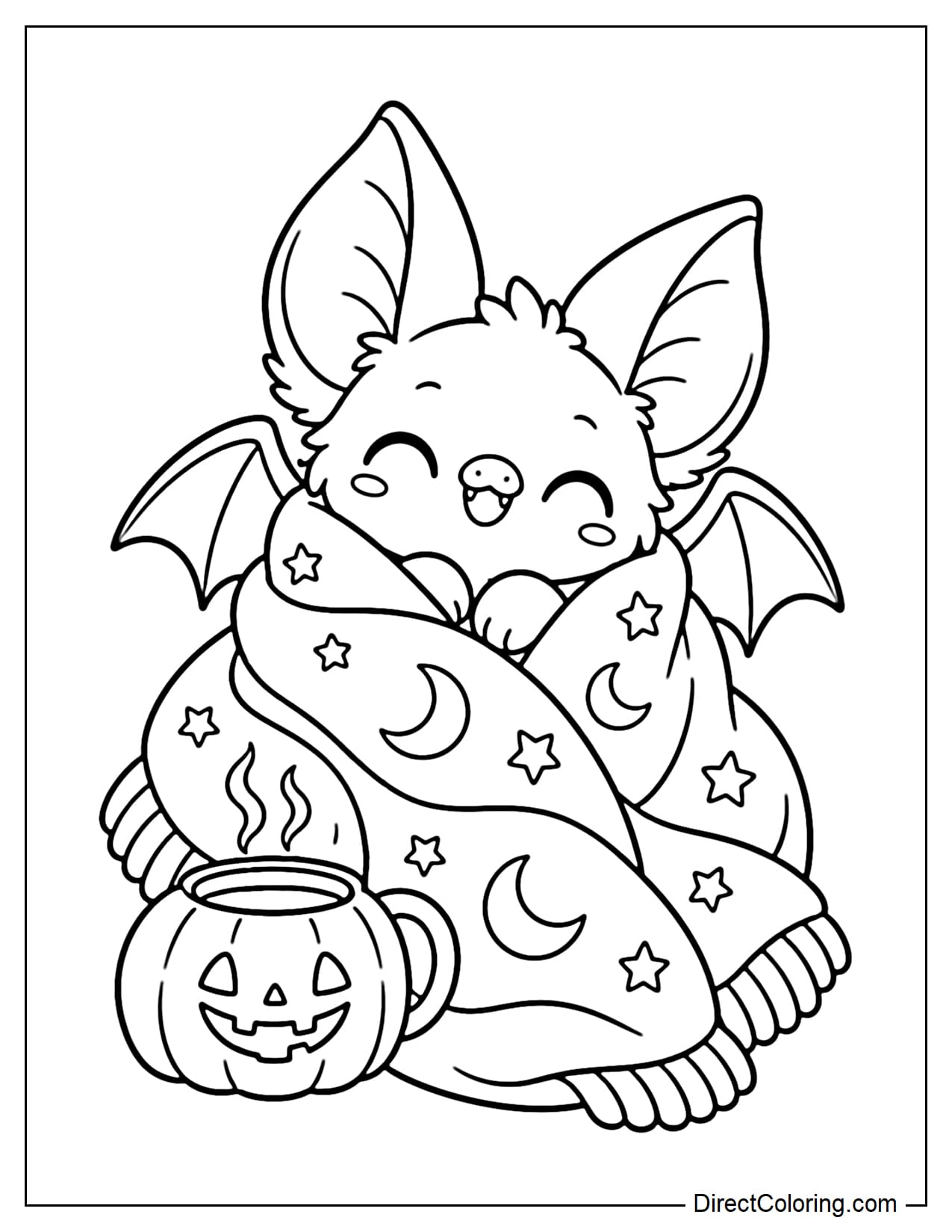A round little bat is wrapped snugly in a large soft blanket, with its small wings peeking out from the sides. A tiny pumpkin-shaped mug sits nearby.