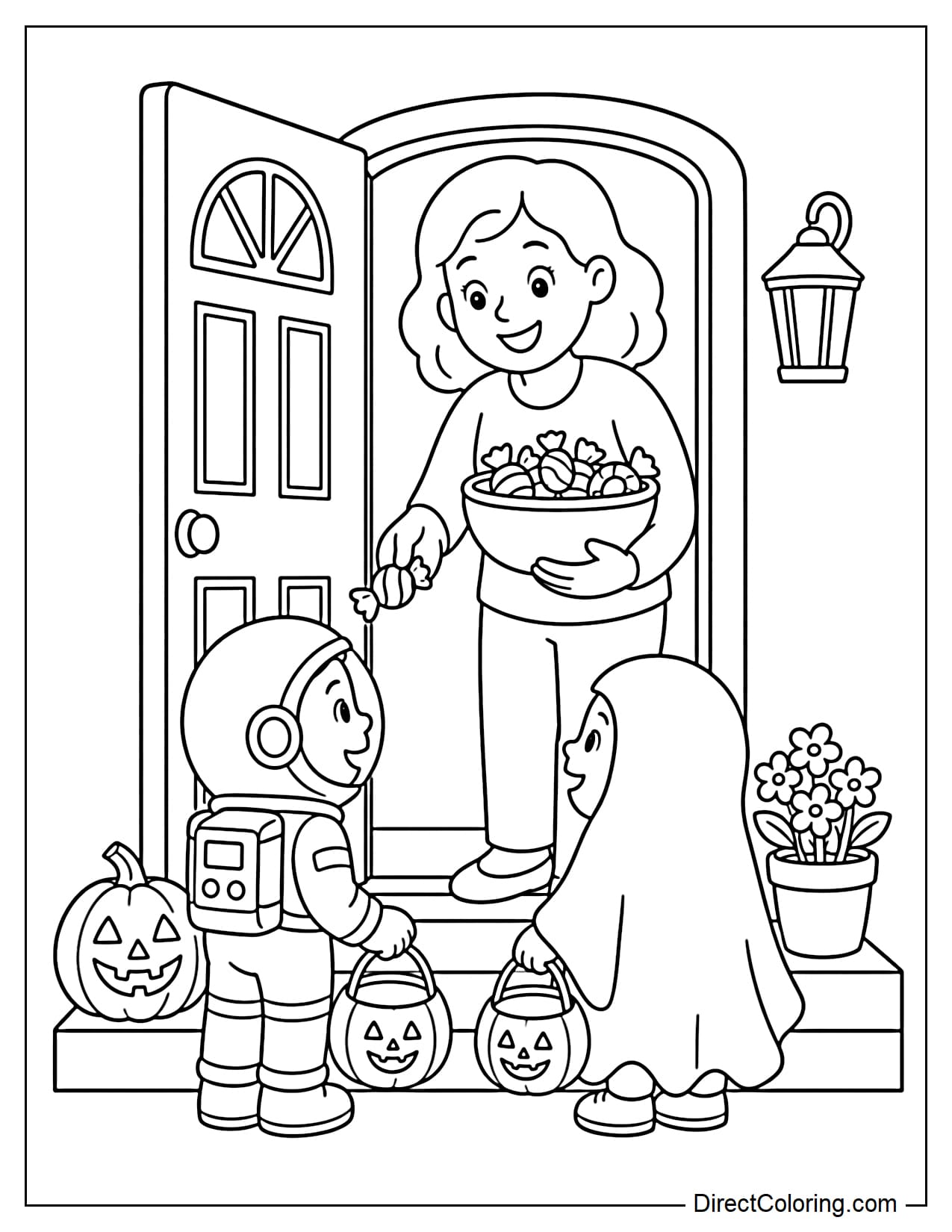 A friendly neighbor stands at the front door holding a bowl of candy and handing treats to two children dressed as an astronaut and a little ghost, each carrying a candy basket.