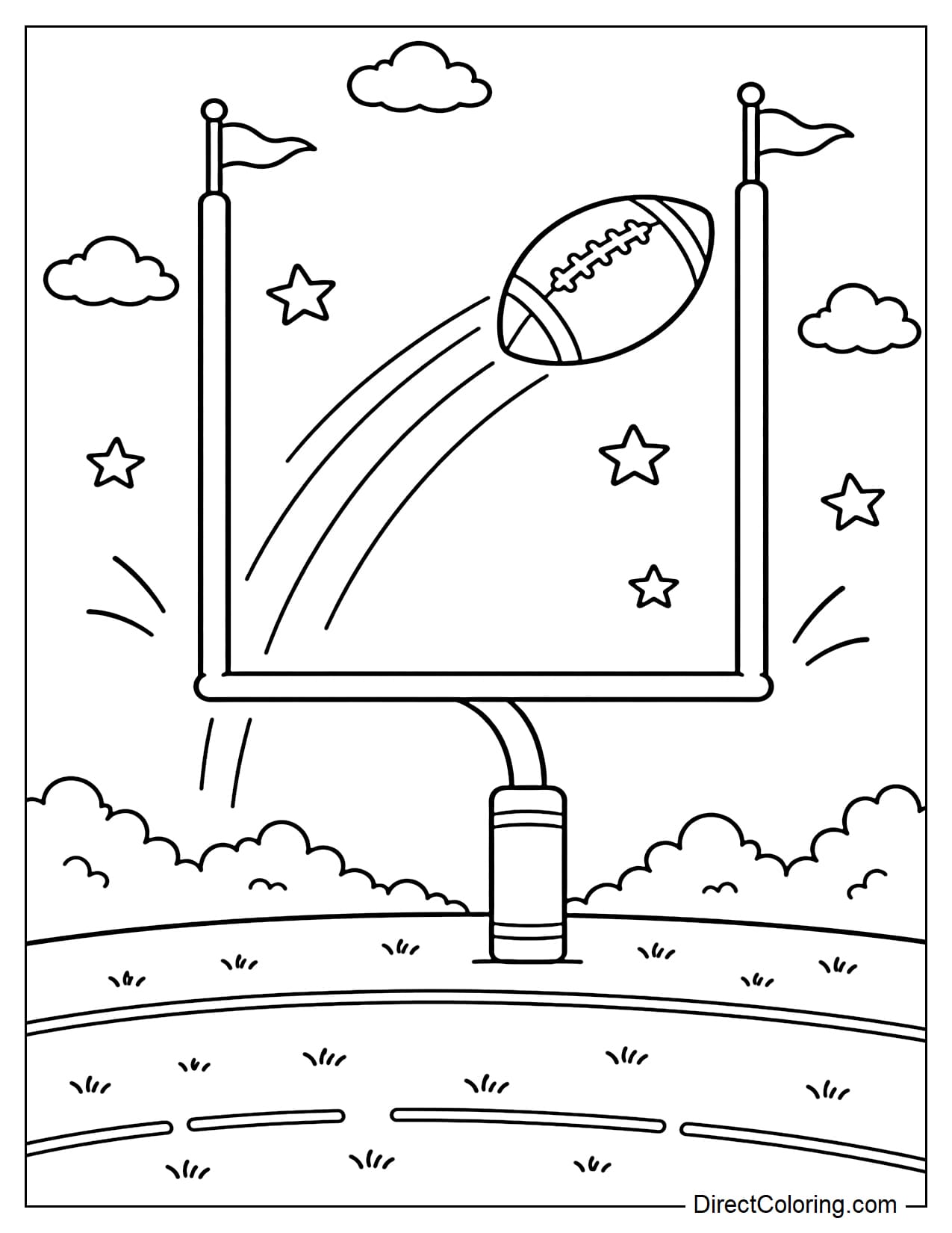 A football sails between the uprights and above the crossbar after a powerful kick, with simple field markings and curved motion lines showing its flight path.