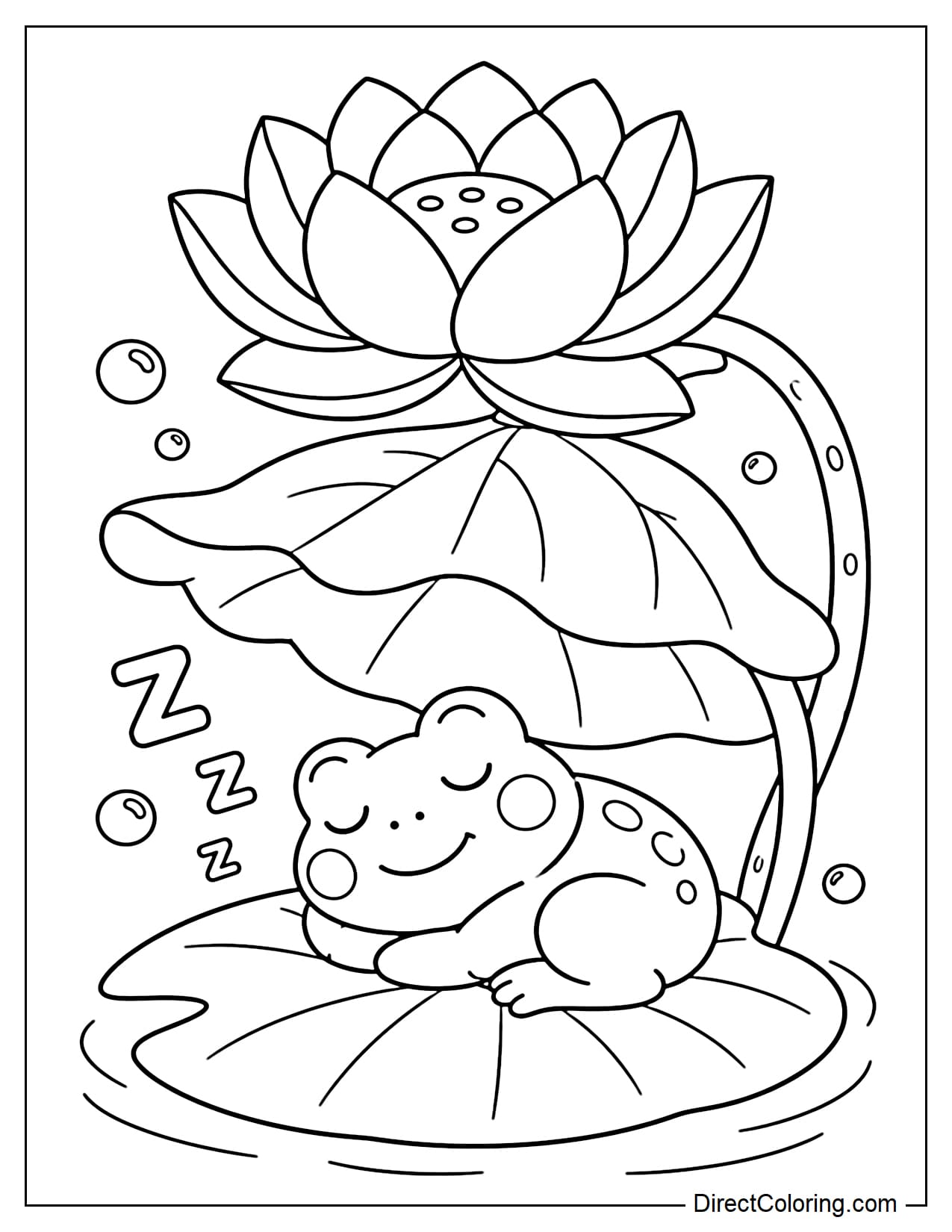 A tiny frog is curled up sleeping soundly under a large lotus flower like an umbrella, with small balloons and the letter Z next to it.