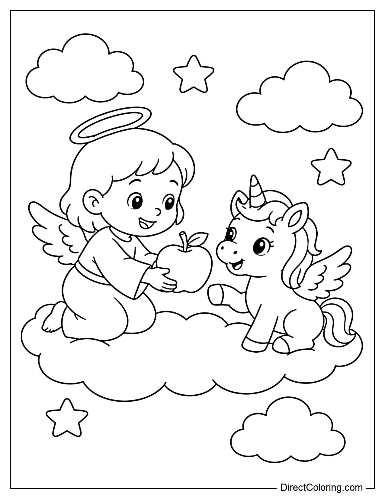 A little angel kneels on a cloud, offering a large apple to a baby unicorn; the scene features a few stars and large, easy-to-color clouds.
