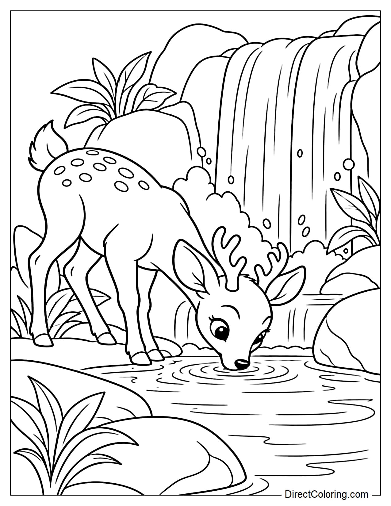 A cute deer bending down to drink from a small pool beneath a low waterfall.