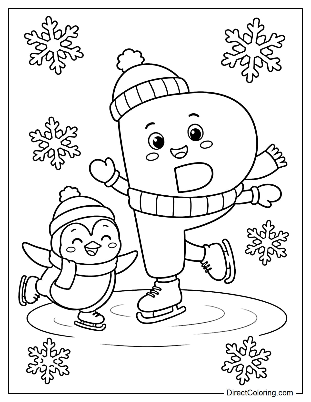 The adorable letter P is ice skating with a playful penguin, surrounded by some large snowflakes.