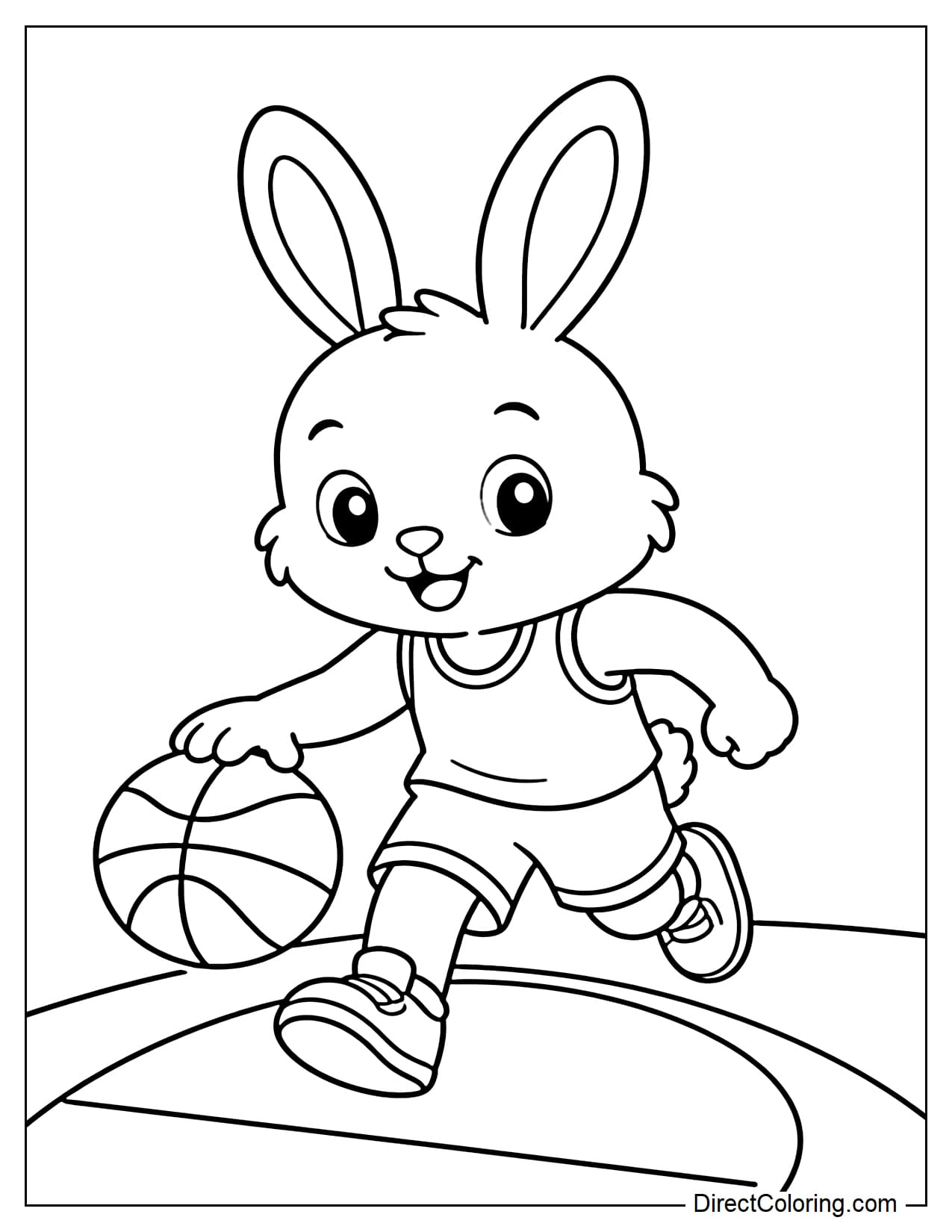 A little bunny is dribbling a basketball with one hand, ears perked up, one foot forward, with some curved court lines below.