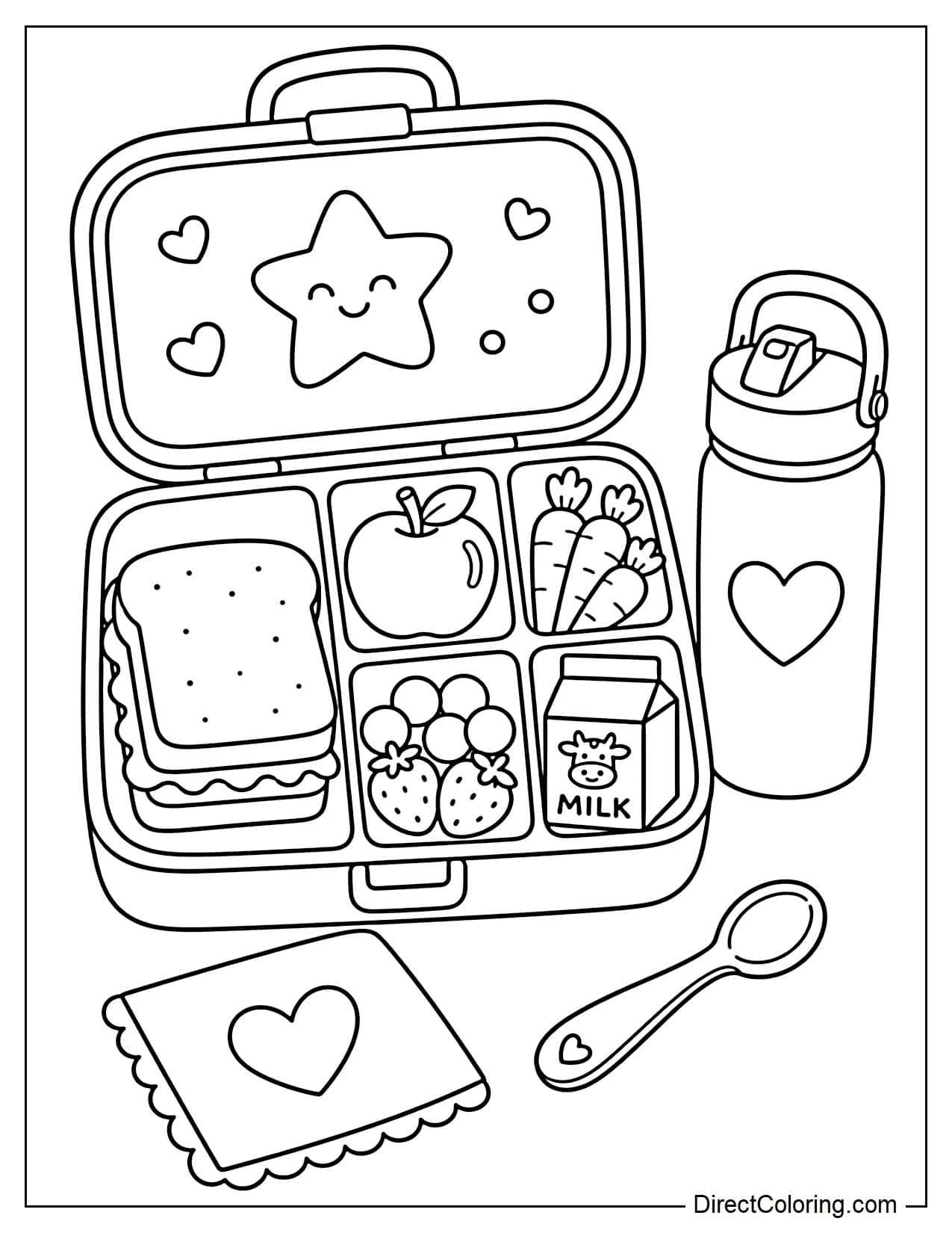 An open school lunch box contains a sandwich, an apple, carrots, a carton of milk, and some fruit divided into large compartments. A water bottle, napkin, and a small spoon are also present.