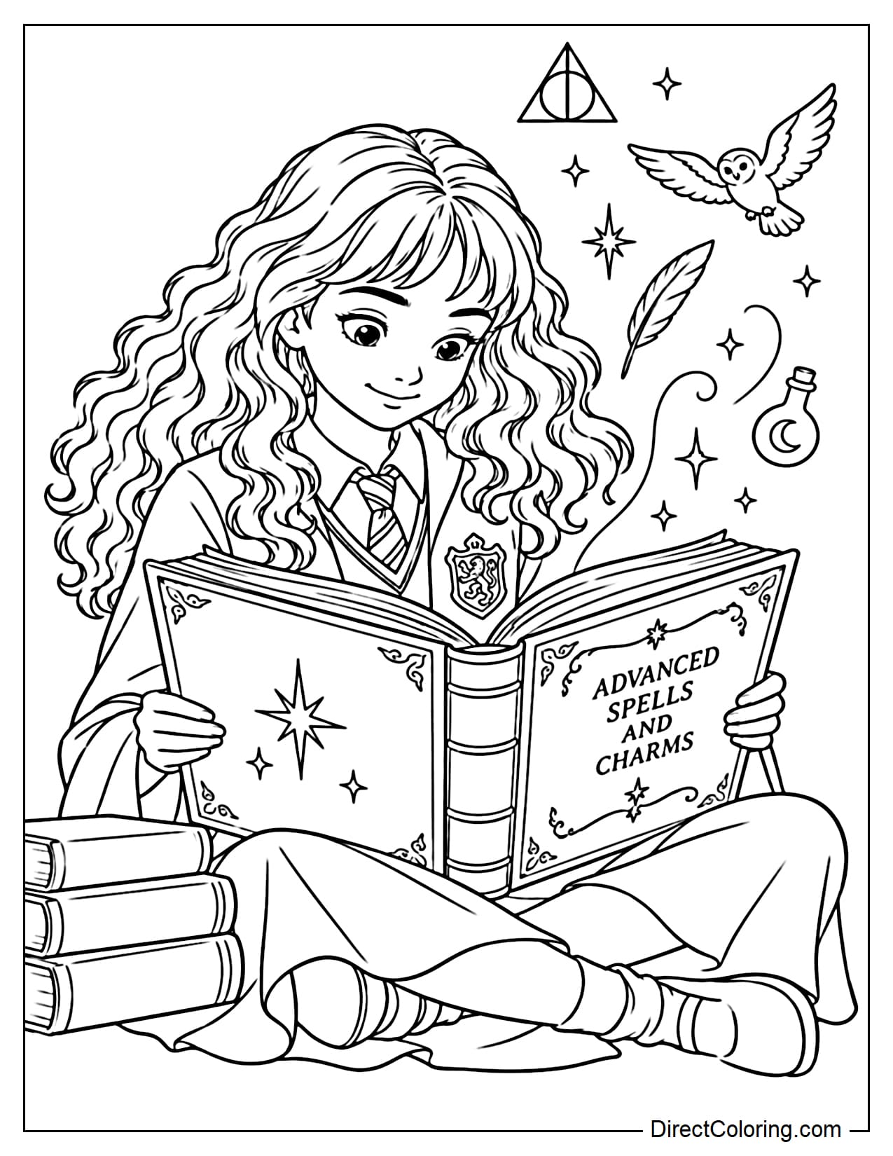 Hermione Granger is sitting and reading a large open spellbook in her hands, with a few stars and magical symbols floating up from the pages.