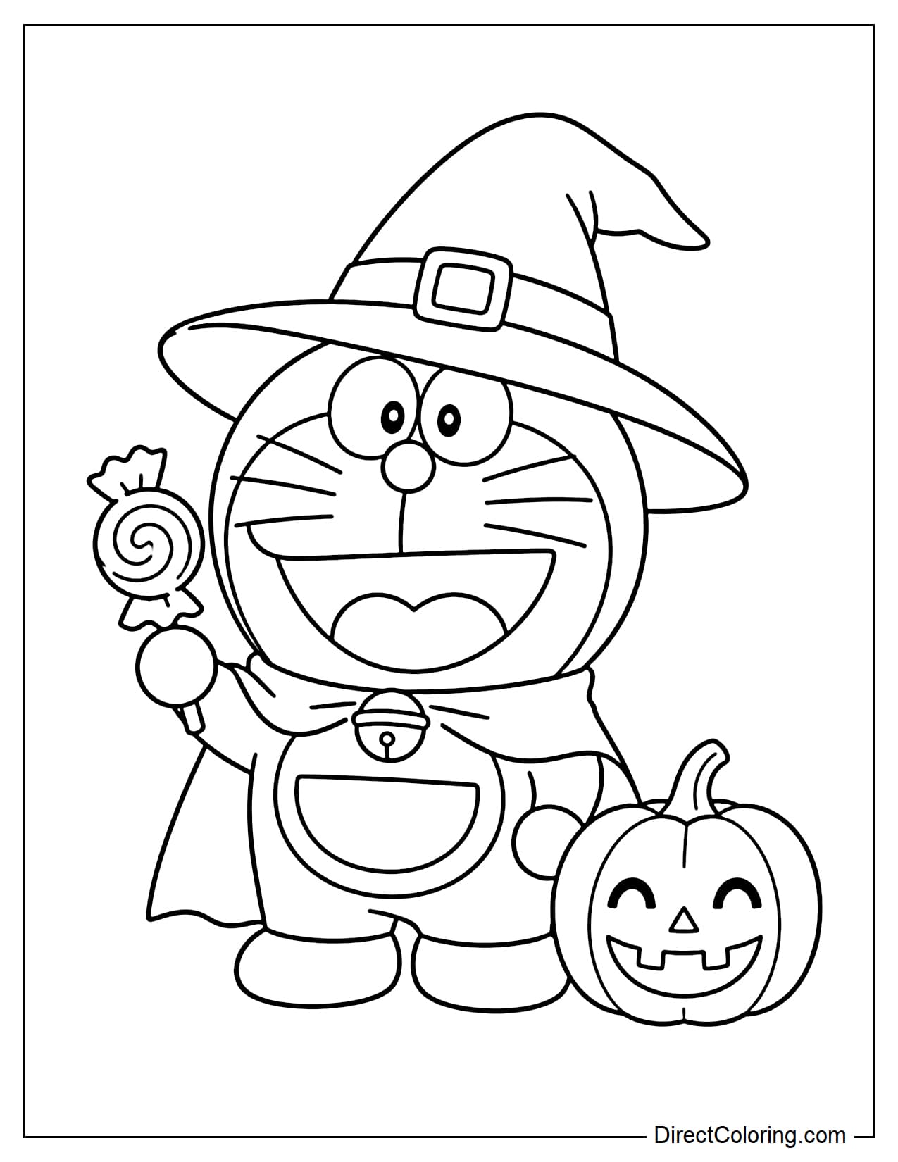 Doraemon wearing a large witch hat and holding a Halloween lollipop, with a cheerful pumpkin beside him.
