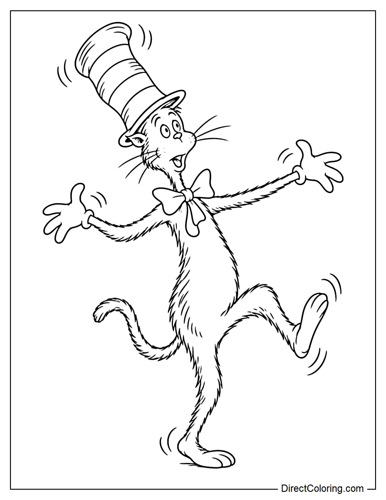 The Cat in the Hat tries to balance on one foot with the other leg lifted, both arms stretched out to the sides, and his tall striped hat slightly tilted.