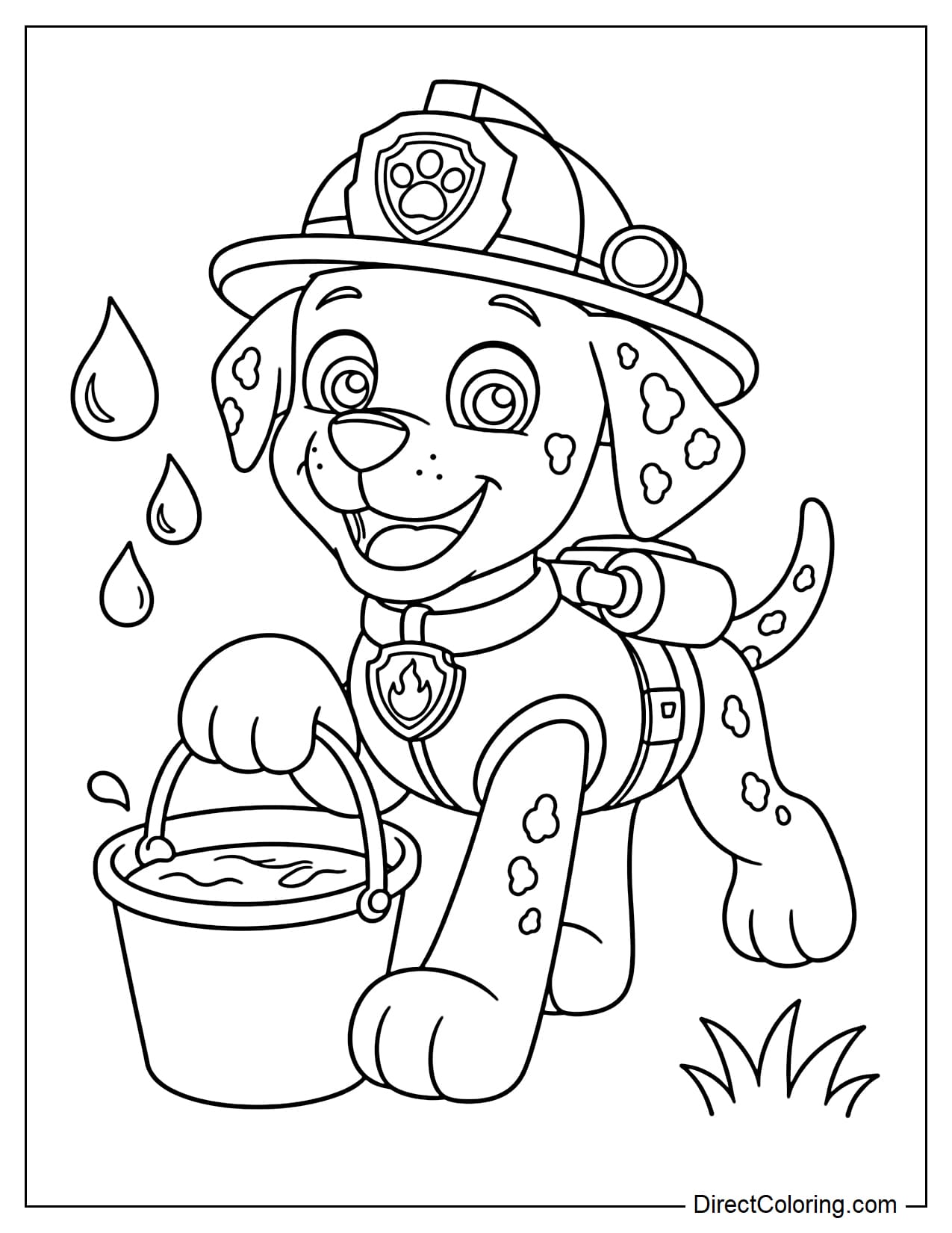 Marshall carries a large bucket of water with one front paw, with oversized water droplets and a small patch of grass nearby.