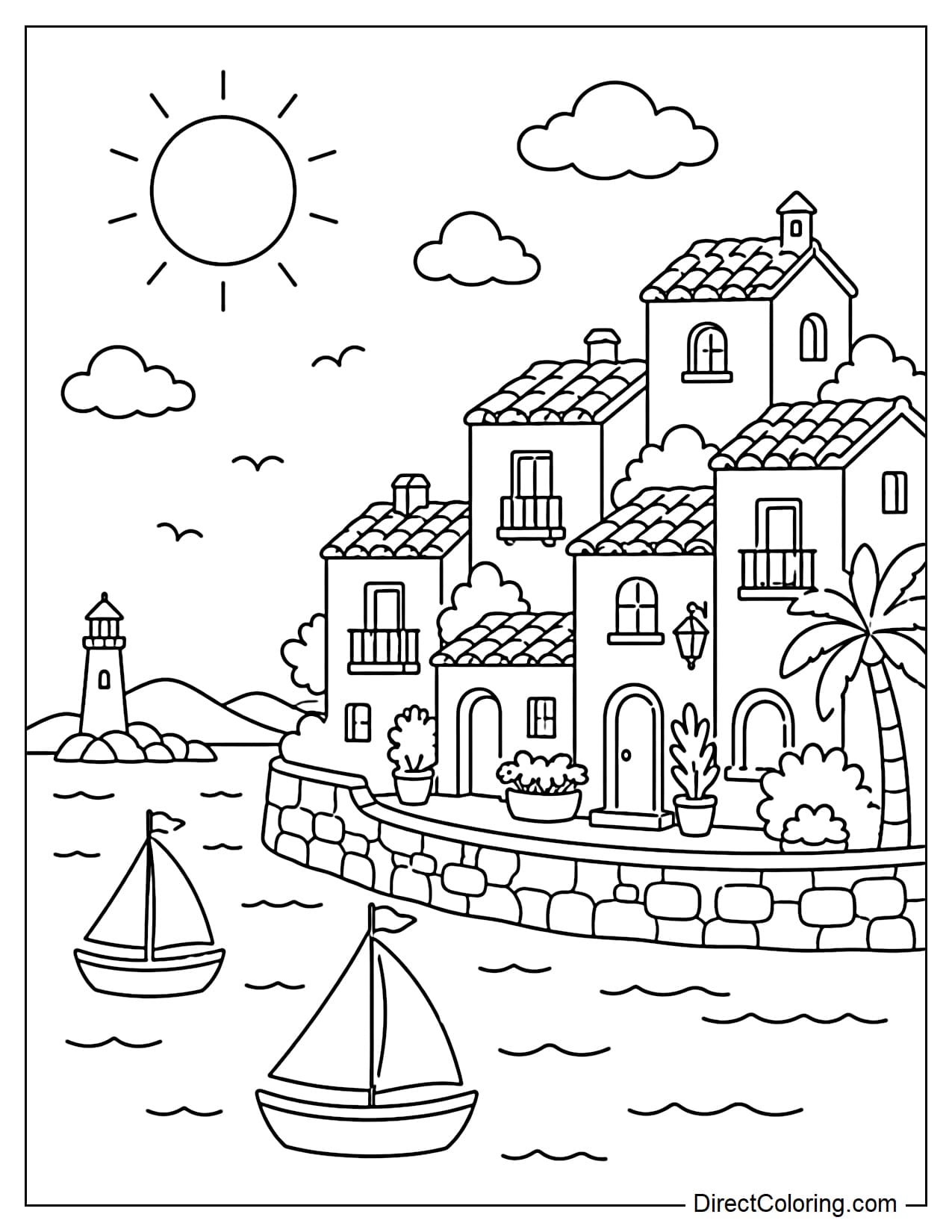 A Spanish seaside town with a few small houses, calm sea, sailboats, and simple sunshine.
