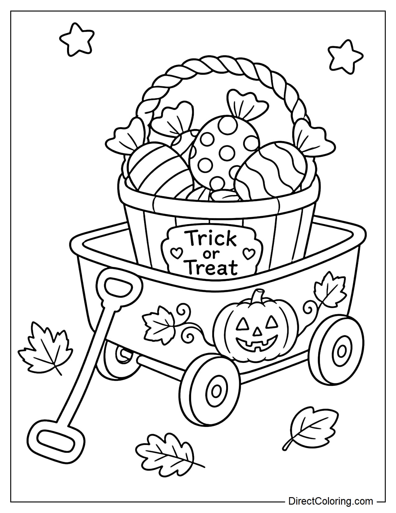 A cute little pull wagon decorated with pumpkin details carries a Trick or Treat basket filled with a few large candies, with a gently curved handle extending from the front.
