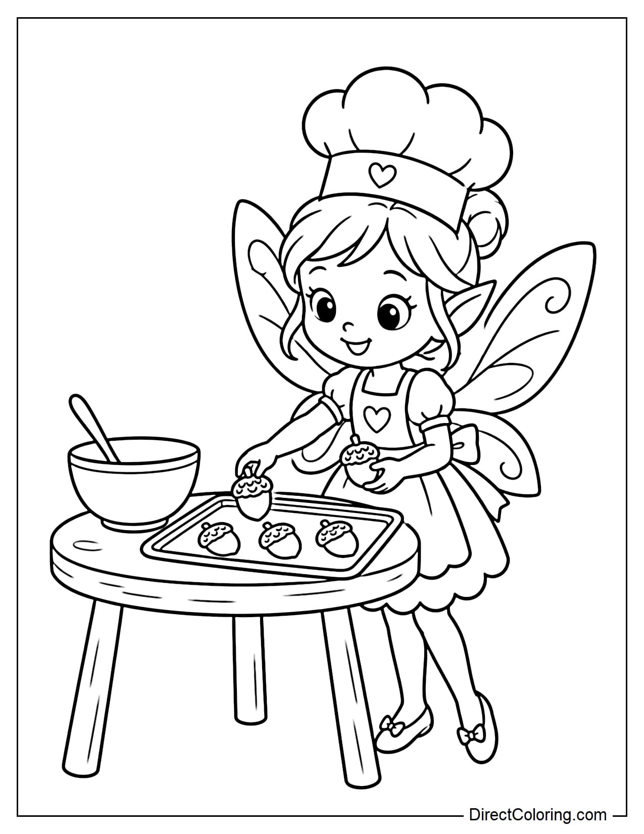 A fairy wearing a tiny chef hat is standing beside a small table and placing acorn-shaped cookies onto a tray. A bowl and a spoon are also on the table.