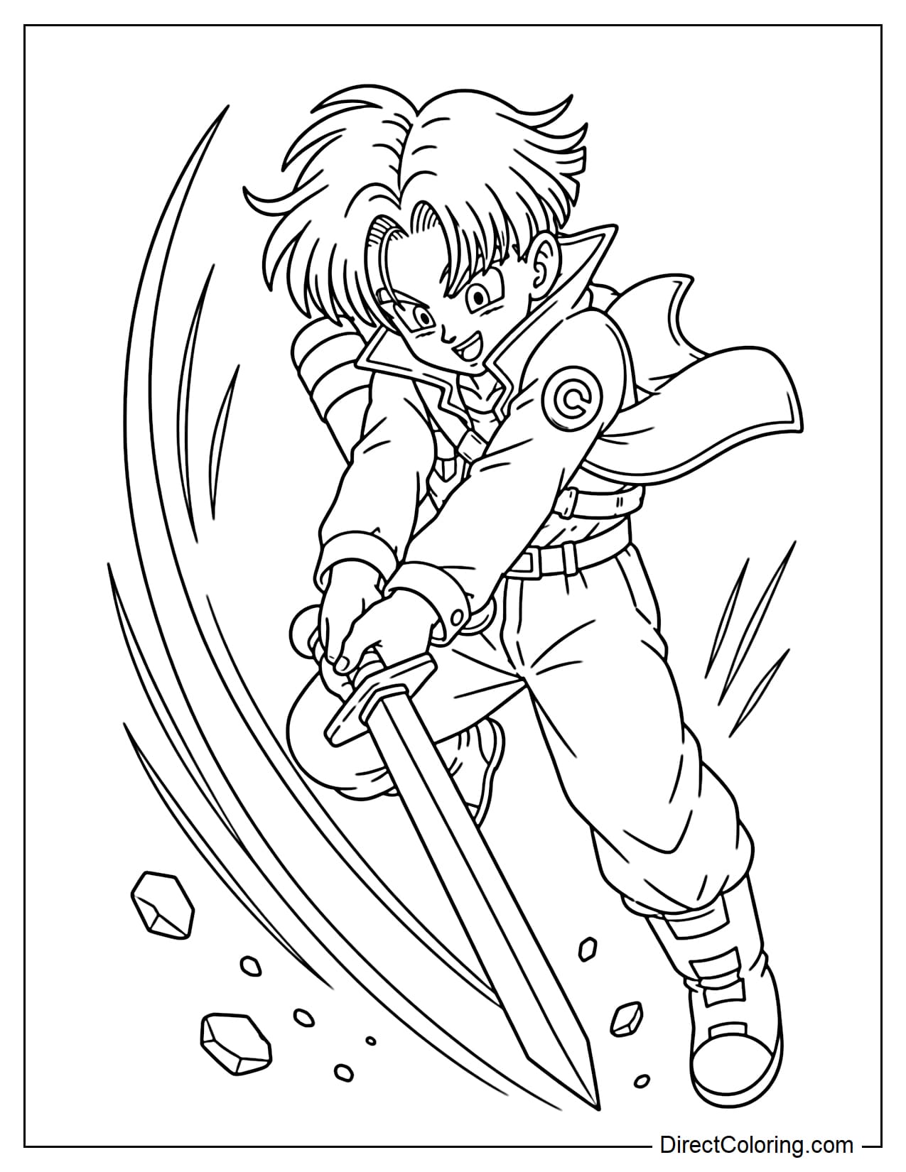 Trunks is spinning, drawing his sword and swinging it downwards with great force, his hair and cloak flying in the motion, surrounded by large streaks of speed and small rocks.