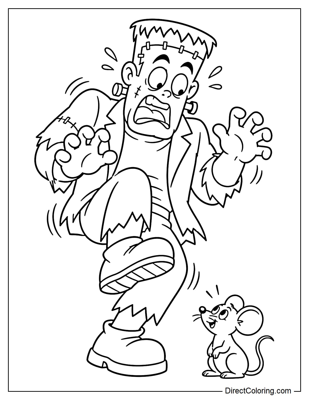 A giant Frankenstein jumps backward in surprise and lifts one leg after spotting a tiny mouse sitting calmly in front of him.