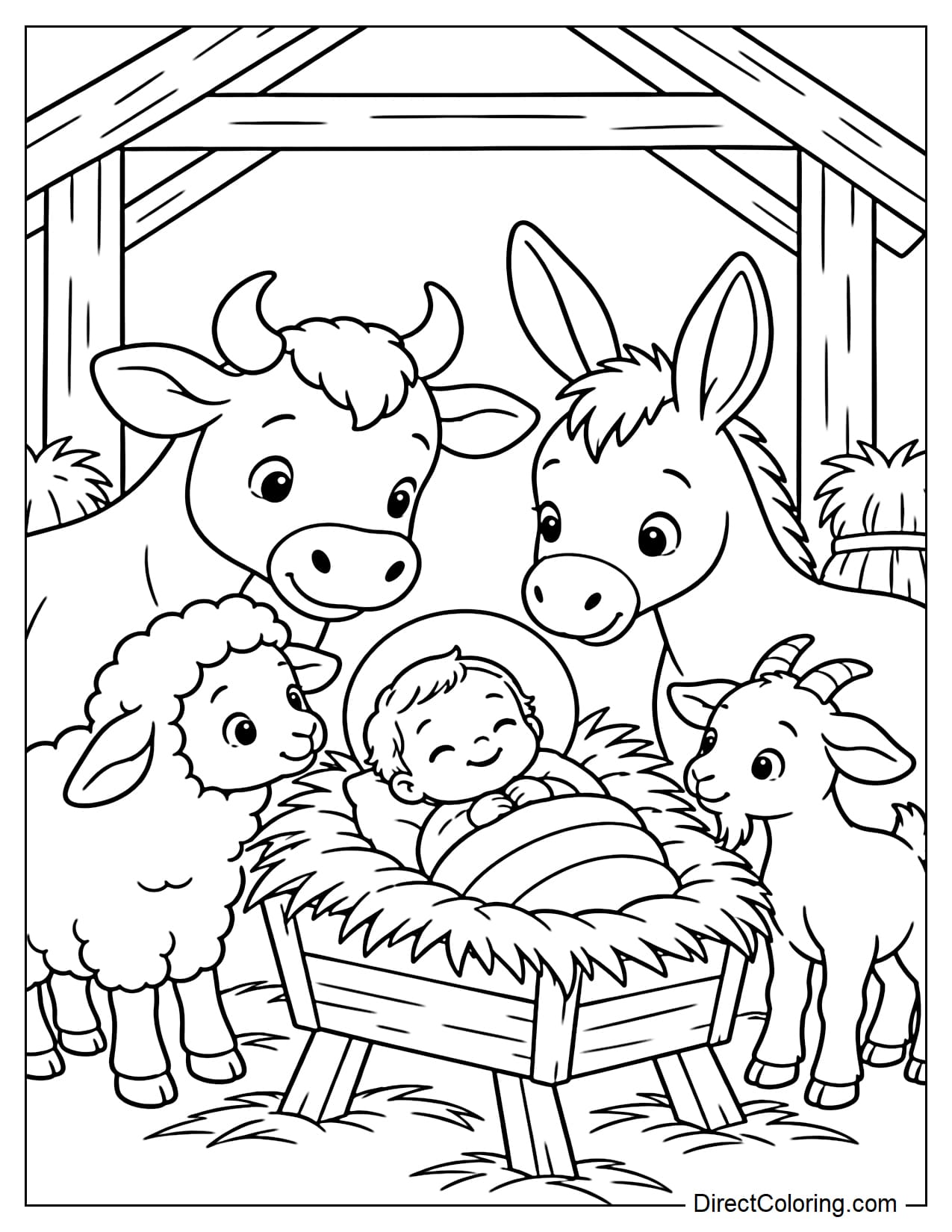 Baby Jesus lying in the manger while gentle animals, including sheep, a donkey, a cow, and a little goat, gather around and look toward him.