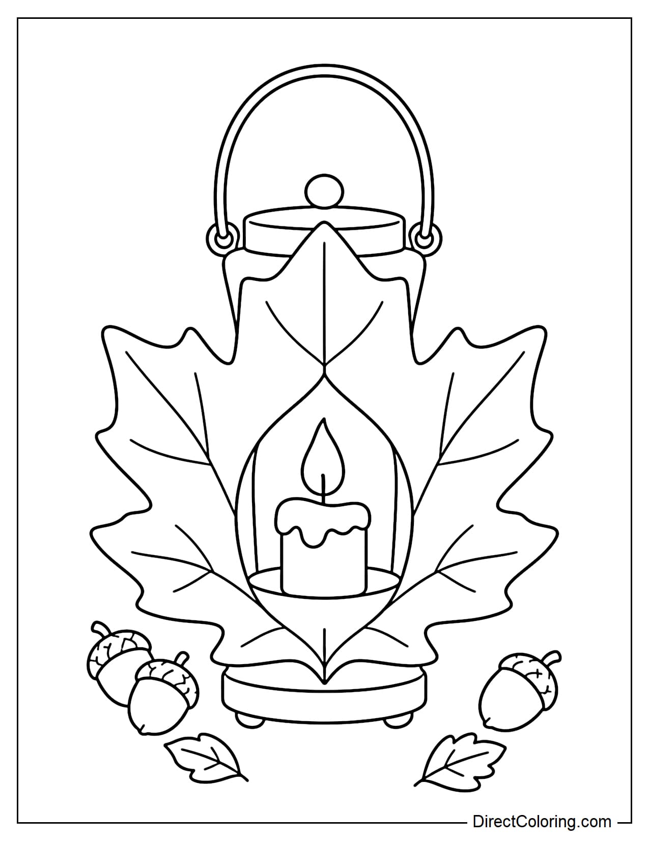 A lantern has a body shaped like a large maple leaf, with a simple candle inside and a curved handle above. A few acorns and two small leaves surround the lantern.