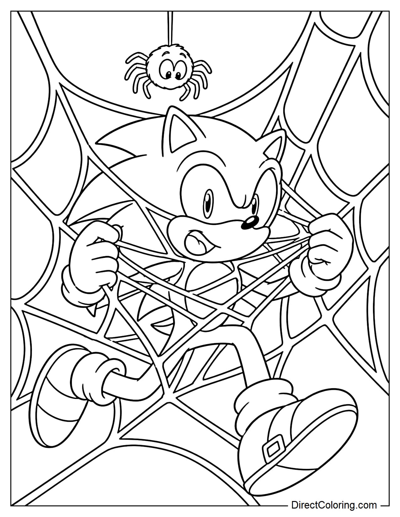 Sonic caught in a large Halloween spider web stretched across in front of him, one leg still in a running pose while both hands try to pull away the strands around his body, with a small spider dangling above and looking down at him.