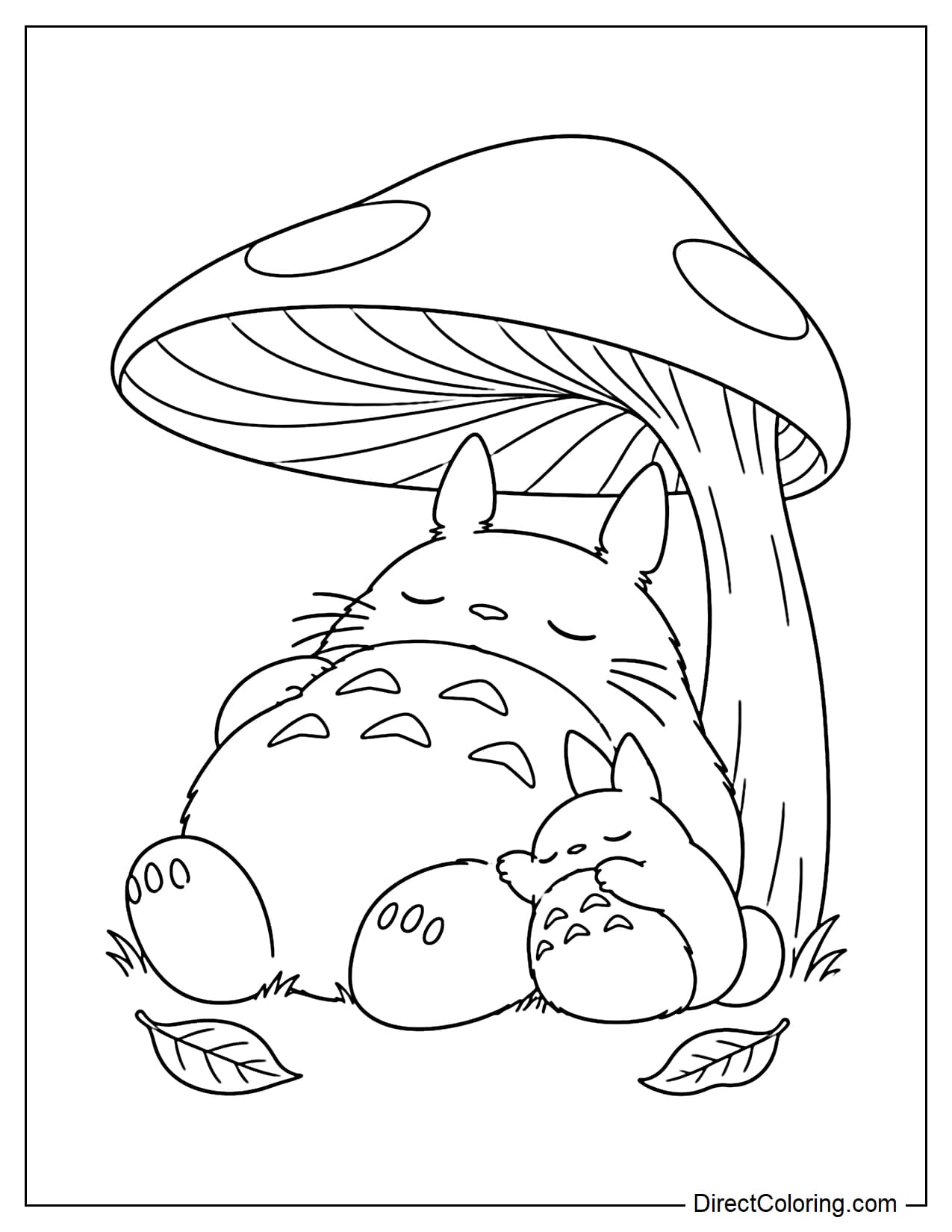 Totoro sleeps curled beneath a giant mushroom with a wide umbrella-like cap, while a small Totoro rests against his belly.