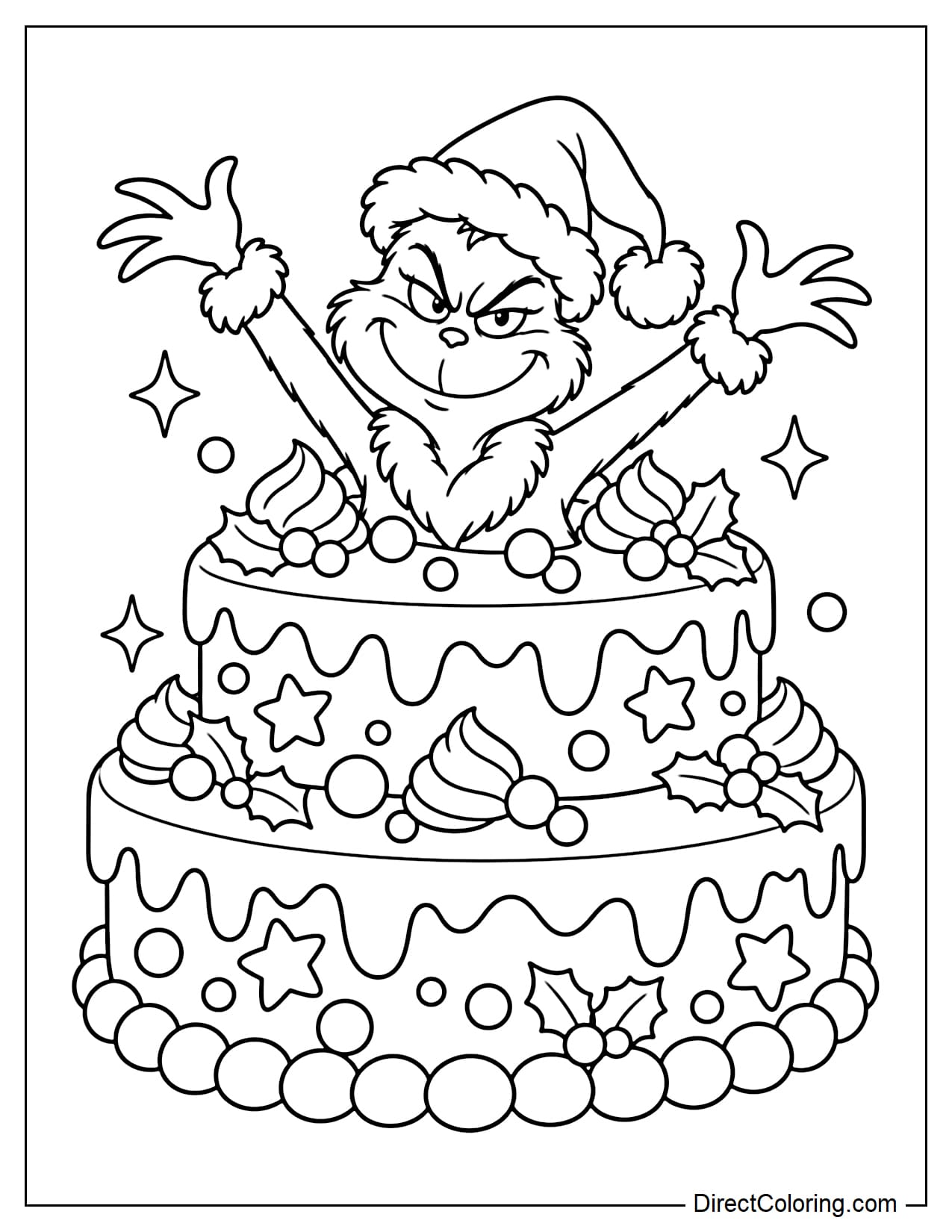 Grinch wears a Santa hat and pops out of a giant two-tier Christmas cake, raising both arms excitedly. The cake is decorated with frosting, candies, stars, and holly leaves.