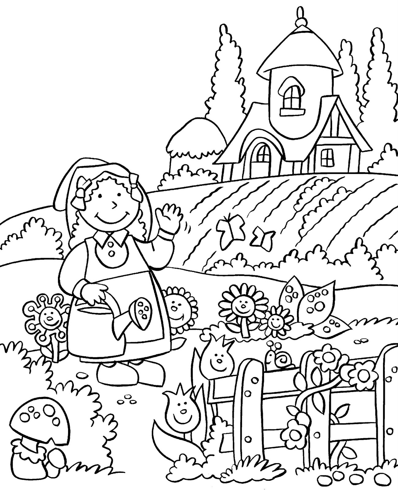 Free Printable Happy Gardenings coloring page for kids of all ages. Gardening coloring pages are a fun way for kids of all ages to develop creativity,