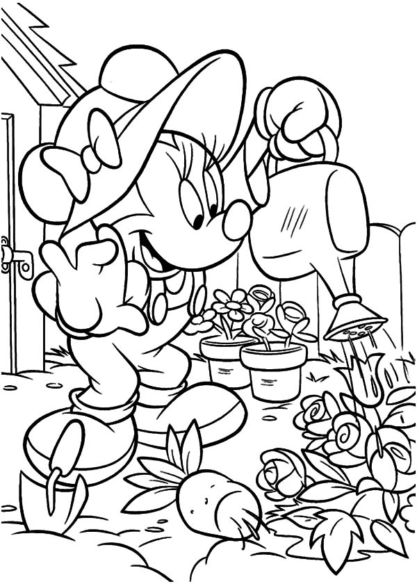 Free Printable Minnie Gardenings coloring page for kids of all ages. Gardening coloring pages are a fun way for kids of all ages to develop creativity,