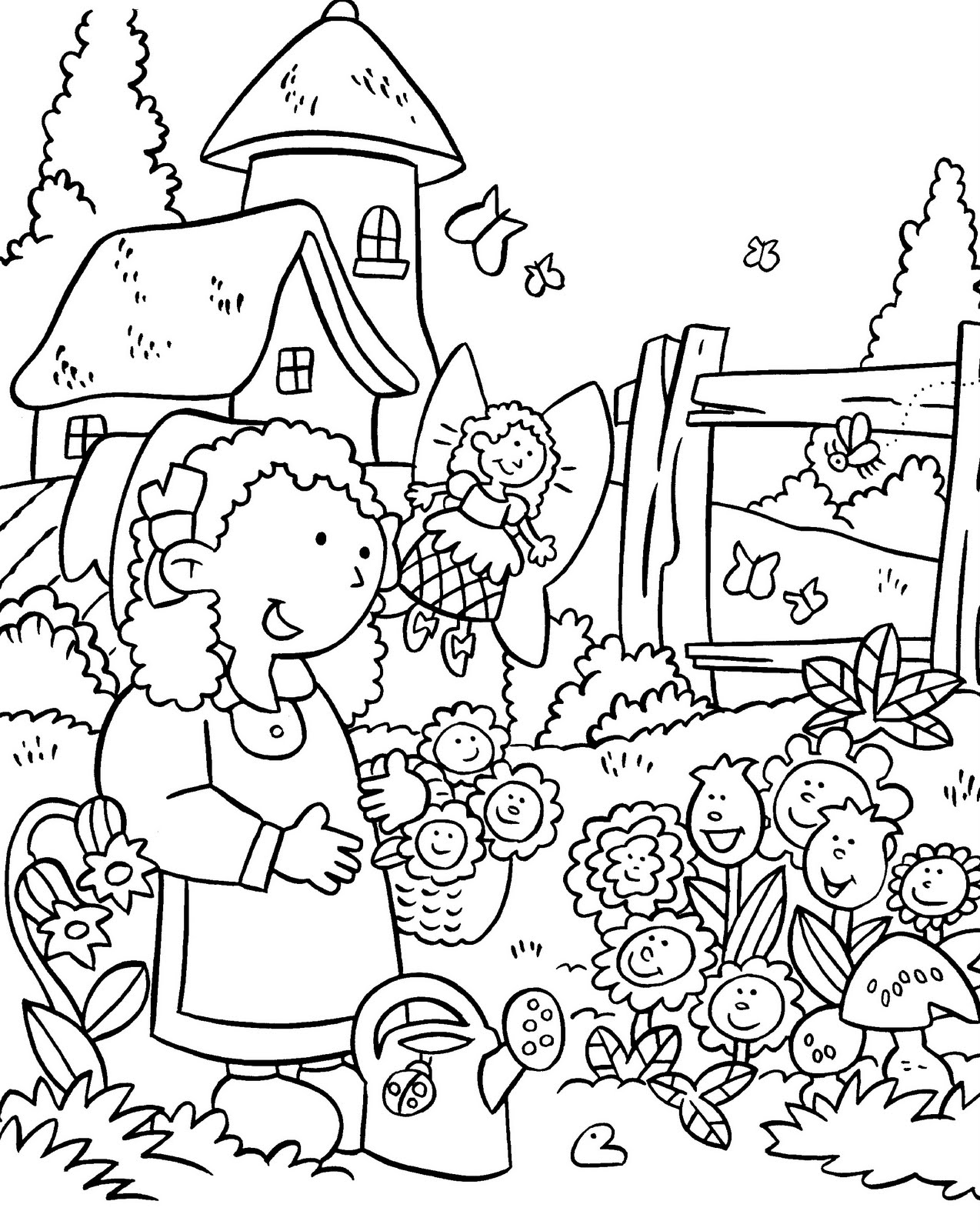Free Printable Pretty Gardenings coloring page for kids of all ages. Gardening coloring pages are a fun way for kids of all ages to develop creativity,
