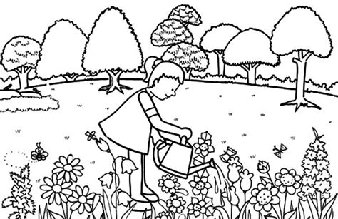Free Printable Watering Flowers Gardenings coloring page for kids of all ages. Gardening coloring pages are a fun way for kids of all ages to develop