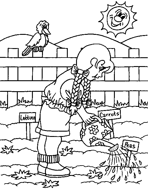 Free Printable Watering Seeds in the Gardens coloring page for kids of all ages. Gardening coloring pages are a fun way for kids of all ages to develop